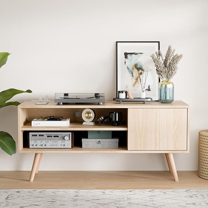 Cozy Castle TV Stand for 48-55 Inch TV, Mid Century Modern Entertainment Center with Storage Cabinet, TV Media Console with Charging Station for Living Room (Oak, 43.3" W x 15.7" D x 19.5" H)