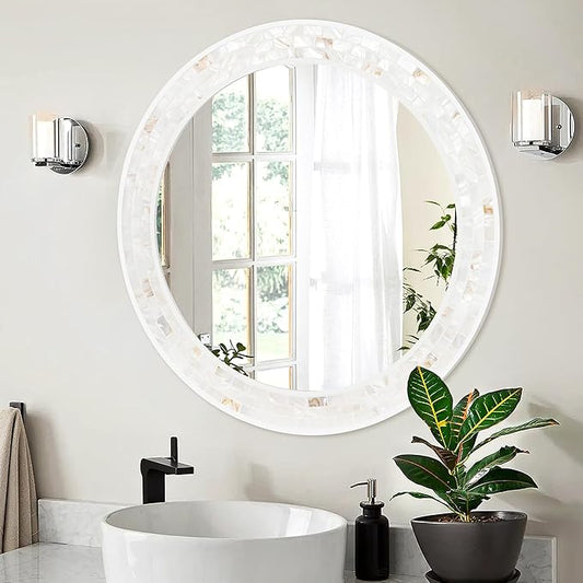 Tanmicoshomy Round Bathroom Mirror 26 Inch, Circle Mirror with Natura Shell Inlay Frame, Decorative Round Mirror for Bathroom Bedroom Living Room Entrayway