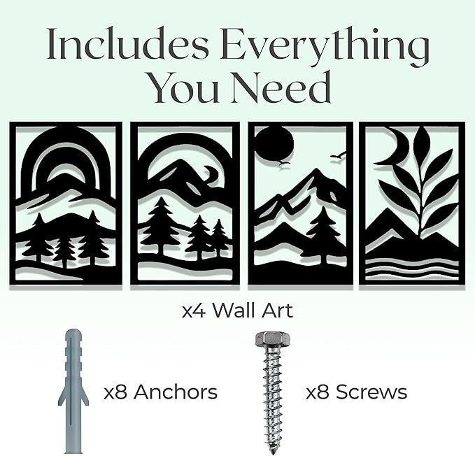 GALLERY GRACE Metal Wall Art Decor – 11" x 16" Set of 4 Abstract Landscape Panels for Living Room, Office, or Bedroom – Minimalist Single Line Black Wall Art with Mountains, Trees, and Sunrise