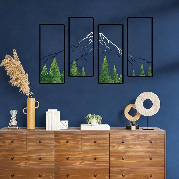ruelen 4 Pcs Metal Mountain Forest Snow Mountain Wall Decorations,Abstract Minimalist Line Drawing Colorful Mountains Wall Art Home Decor for Living Room Bathroom Bedroom Office(Green,Small)