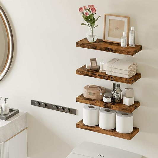 Fixwal Wood Floating Shelves, Wall Shelves Set of 4, Shelves for Wall Decor, with Invisible Brackets for Bathroom, Living Room,Bedroom and Kitchen(Rustic Brown)