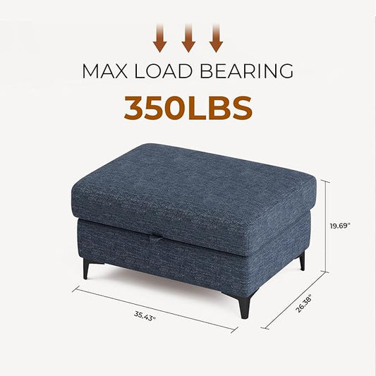 Upvilla 35" Large Storage Ottoman for Living Room, 7.8" Deep Seat Rectangular Ottoman Foot Rest for Couch, Chenille Storage Footstool Load 350 lb (Blue)