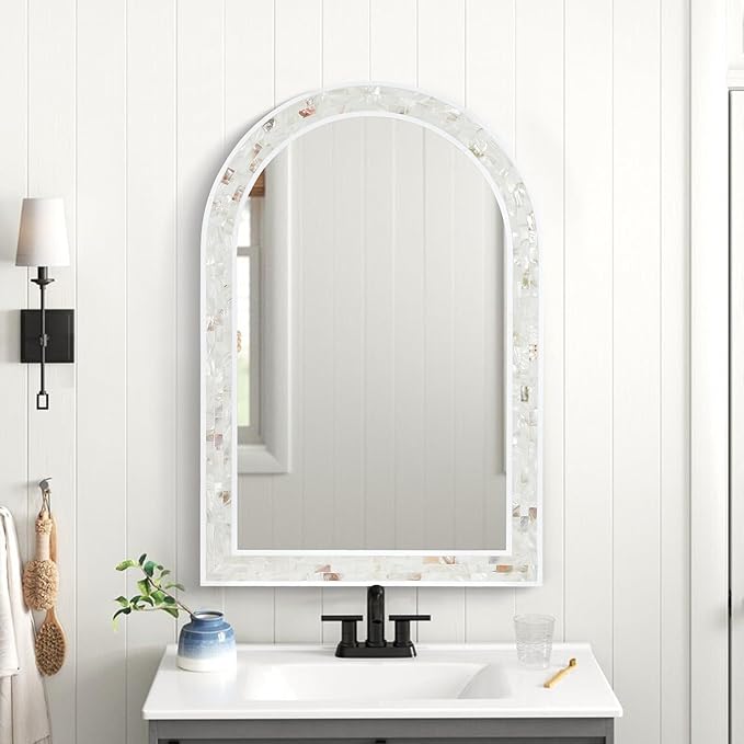 Tanmicoshomy Arched Bathroom Mirror 20x30 Inches, Natural Shell Inlay White Framed Mirrors with Tempered Glass for Bathroom Living Room Bedroom or Entryway