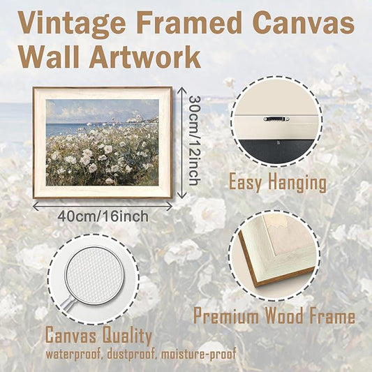 ASTRDECOR Framed Canvas Wall Art Room Decor, Vintage Landscape Wall Art for Home Decor Aesthetic Artwork, Coastal Scenery Nature Rustic Farmhouse Wall Decor for Living Room, White Wildflowers Oil Painting Pictures Bathroom Wall Decor- 12''x16''