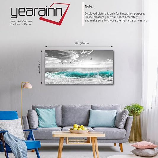 yearainn Large Ocean Canvas Wall Art for Living Room Wall Decor Teal Sea Wave Canvas Prints Artwork Seagull Birds Canvas Pictures for Bedroom Home Office Wall Decorations Ready to Hang 24" X 48"