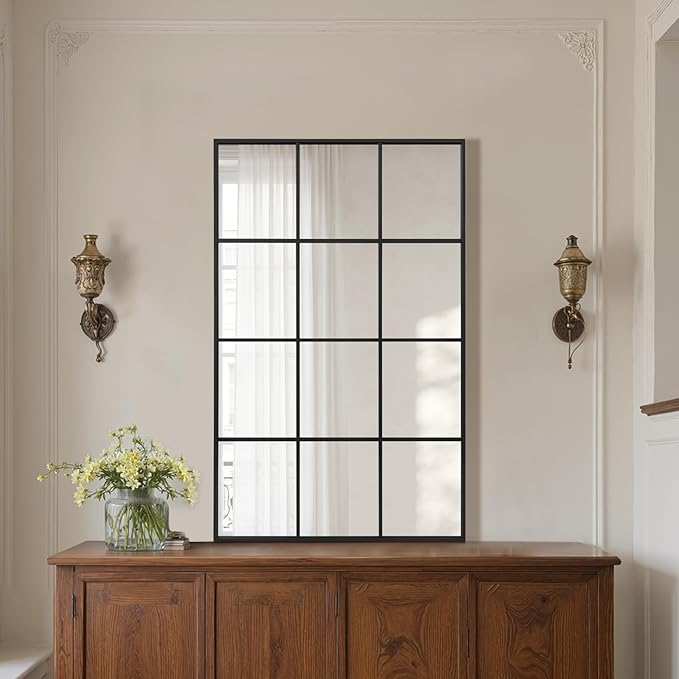 Anpark Windowpane Wall Mirror 24"x36" Black Wall Mounted Art Pane Mirror Farmhouse Decorative Mirror Leaning Hanging Wall Mirror for Bedroom Living Room Entrance Hallway Wall Decor