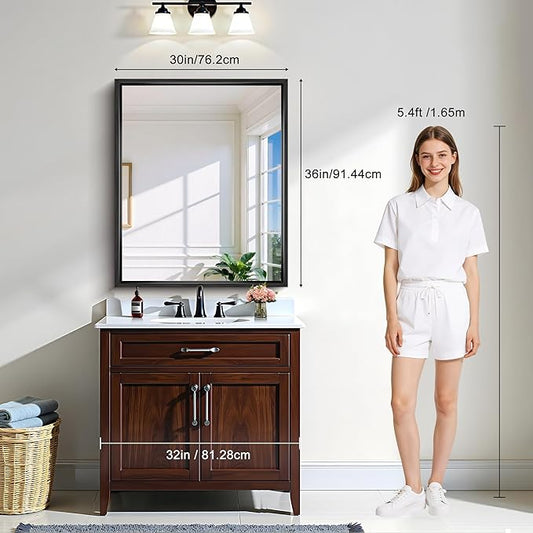 CIRCUMI 30"x36" Black Mirror with Chunky Box Metal Frame, Brushed Finish Rectangular Bathroom Mirrors for Over Sink, Living Room, Entryway, Tempered Glass Mirror for Wall, Vertical or Horizontal