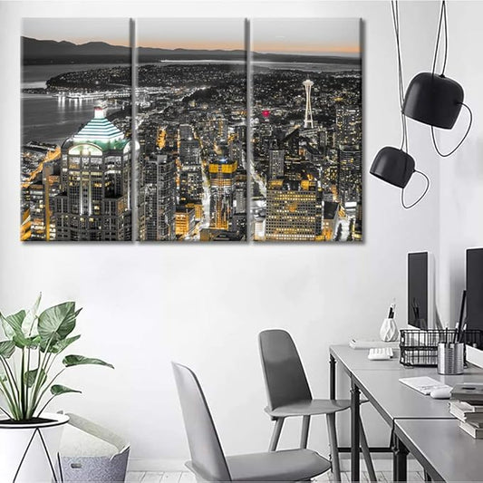 TUMOVO 3 Pieces Downtown Seattle Skyline in Seattle Washington USA Black and White Wall Art Skyscrapers Artwork Bathroom Decor Wall Art Print on Canvas Ready to Hang (36" Wx24 H)