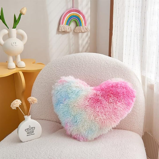 MOOWOO Rainbow Fluffy Heart Pillow,Valentines Day Decor Faux Fur Throw Pillow,Sherpa Plush Shaggy, Girl Room Decor,Heart Shape for Mothers Day,Christmas Decorations(Colorful)