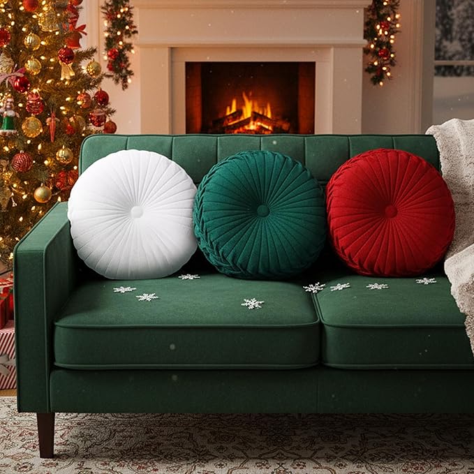 Beeveer 3 Pcs Round Throw Velvet Pillows Classy Accent Pumpkin Throw Pillows 15 Inch Decorative Cushion for Couch Chair Bed Car, 2 Styles(Red, Green, White)