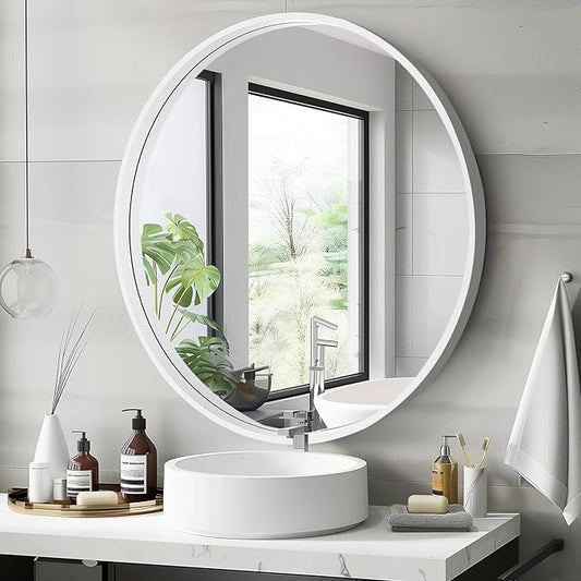 HOMECOOKIN Round Wood Mirror, 31" Round Bathroom Wall Mirror Circle Mirrors for Wall Decor, Vanity, Living Room, Bedroom, Entryway, White
