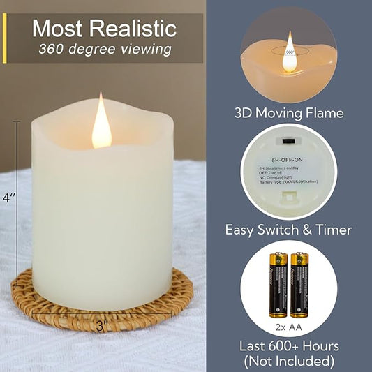 TECHLONG Flameless Candles Battery Operated with Remote Timer, 3D Moving Flame Flickering, Last 600+ Hours Battery Candles, 3" x 4" Ivory Real Wax Electric LED Candle for Wedding Party, Set of 2
