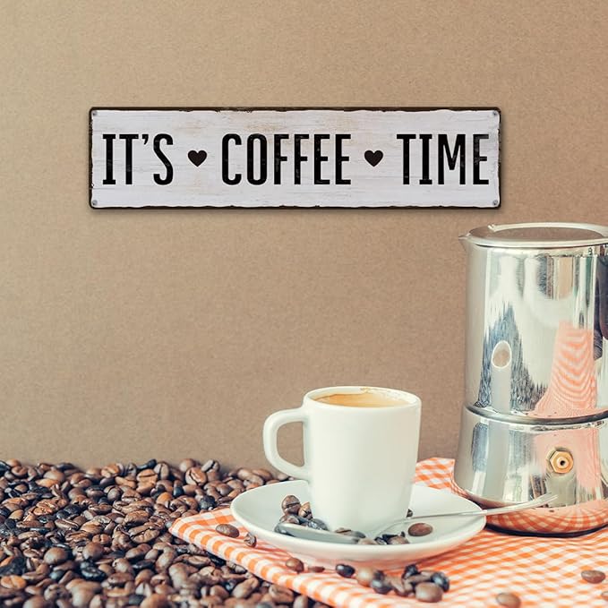 Coffee Metal Tin Sign, It's Coffee Time Sign, Home Kitchen Wall Decor, Farmhouse Decorations for Cafe, Coffees Station Decors, Decorative Metal Wall Signs 15.8x4 Inches