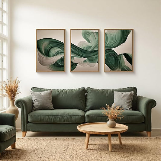 KAIRNE Green Abstract Framed Canvas Wall Art Set,Minimalist Green Lines Wall Decor,Modern Flowing Texture Art Prints,Neutral Smokes Waves Artwork for Living Room,Bedroom,Farmhouse,Office-24 x36 x3