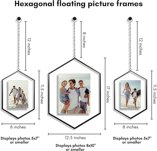 Americanflat Metal Floating Frame with Chain - Set of 3 - Use as 8x10 or 5x7 Frame - Pressed Flower Display for Wall Decor - Elegant Black Molding with Shatter-Resistant Glass