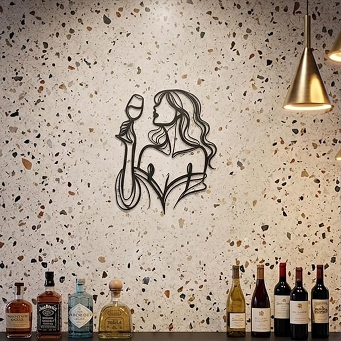 LIYAOLI 3D Metal Wall Sculpture Decor - Black Wall Art of Woman Drinking Wine, Waterproof Kitchen Line Art, Unique Modern Metal Art for Dining Room, Bar, Living Room, Bedroom