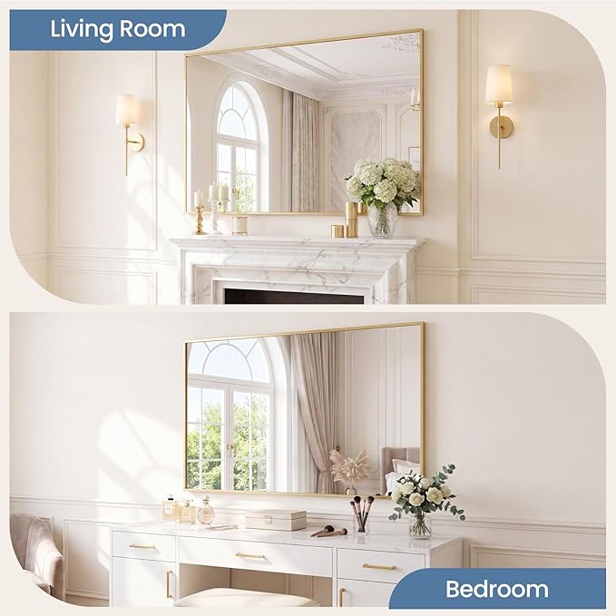 NEWBULIG 30" x 48" Gold Rectangle Bathroom Mirror for Wall, Morden Wall Mirror with Metal Frame, Tempered Glass, Vanity Mirror for Over Sink, Entryway, Living Room, Anti-Rust, Horizontal or Vertical