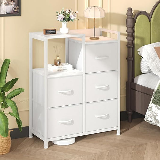 DUMOS TV Stands for Bedroom with 5 Drawers, 5-Drawer Chest of Drawers with Raised Shelf, Storage Tower with Fabric Bins for Closet Organization, Hallway Storage, Ivory