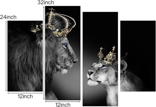 Large 4 Panel Wall Decor The Lion King and Queen with Crown Wall Art African Wild Animals Canvas Prints Pictures Black and White Modern Giclee Framed Artwork for Master Room Ready to Hang 48x33inch