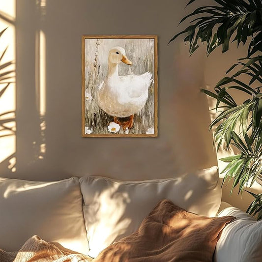 Framed Vintage Duck Canvas Wall Art, Cute Farmhouse Animal Pictures Wall Decor, Rustic Country Nature Paintings Prints Cottagecore Home Decor for Living Room Bedroom Bathroom 12x16 inch
