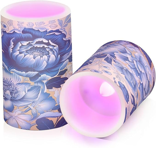 ALAZA White Navy Blue Flowers Floral Flickering Flameless Candles Battery Operated with Remote Timer,Tea Light Candles LED Pillar Votive Candles Set of 2 for Outdoor Indoor Decorations