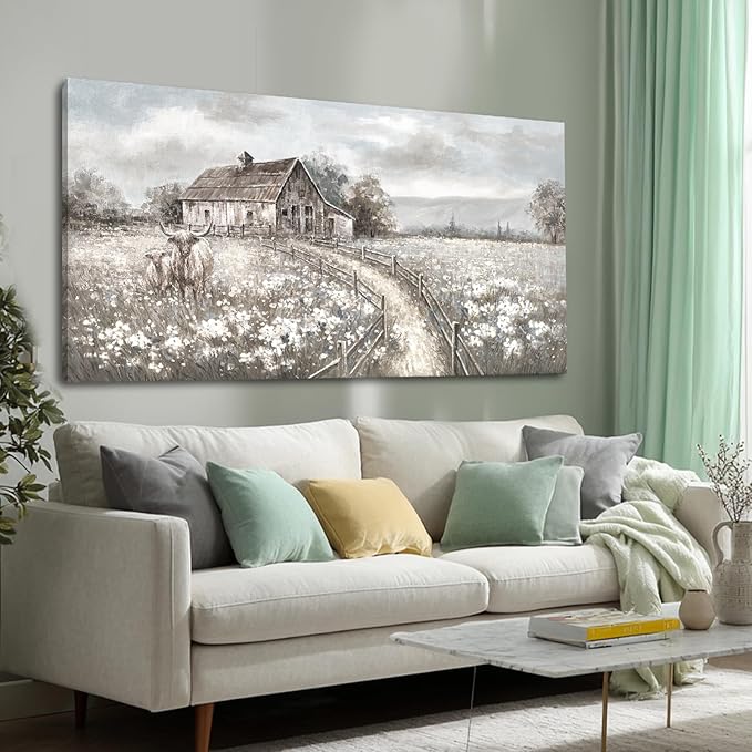 Highland Cow Canvas Wall Art, Neutral Landscape – Rustic Country Cottage with Beige Meadow Flowers, Large Framed Canvas, Ready to Hang, 24x48 Inches