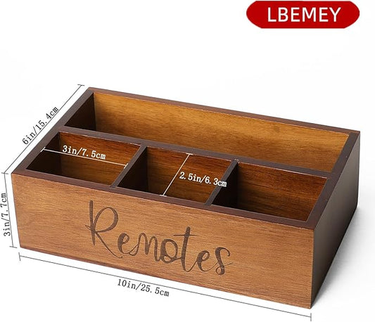 LBEMEY Acacia Wood Remote Control Holder Caddy, TV Organizer for Table, Vintage Farmhouse Desk Caddy (Brown-for 6+ Controls)