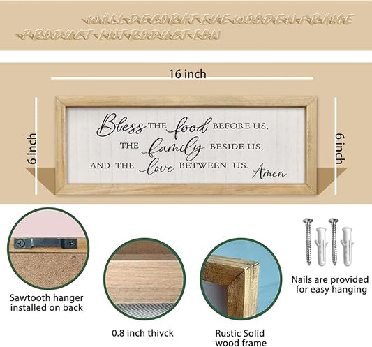 comurdyo Modern Religious Holy Dining Room Bless the Food Before Us Prayer Sign Wall Decor 16"×6" Framed Wood for Small Rustic Minimalist Christian Catholic Kitchen Wall Art Hanging (Wood)
