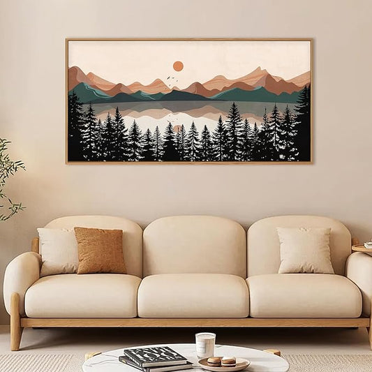 KAIRNE Vintage Mountain Lake Framed Canvas Wall Art Set, Mid Century Forest Wall Decor, Nature Pine Tree Art Prints, Modern Boho Sunset Artwork for Living Room,Bedroom,Farmhouse,Office-40 x20 x1