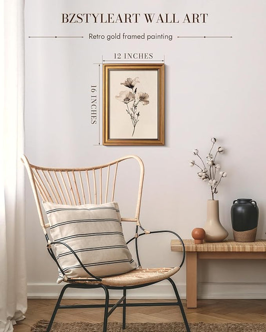 Bzstyleart Vintage Wall Art Decor for Living Room, Canvas Framed Flower Wall Art, Sketch Poppy Flower Picture Painting, Vintage Room Decor Aesthetic for Bedroom Kitchen, California, 12L x 16W