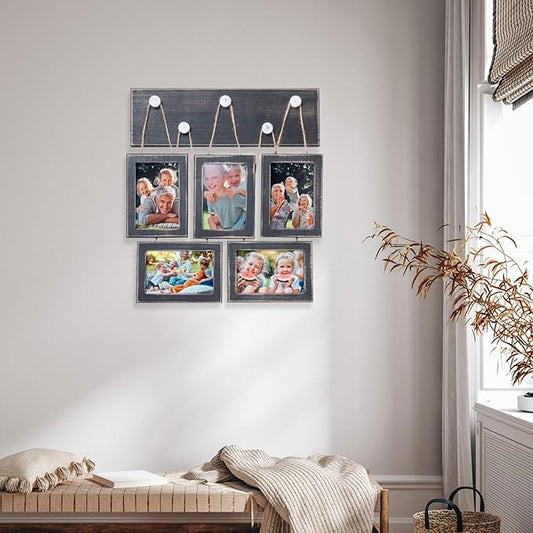 4x6 Picture Frames Collage for Wall Set of 5, Rustic Farmhouse Distressed Solid Wood Photo Frames, Black Vintage Wooden Frames for Wall & Tabletop Display, Gallery Wall Decor for Living Room Bedroom