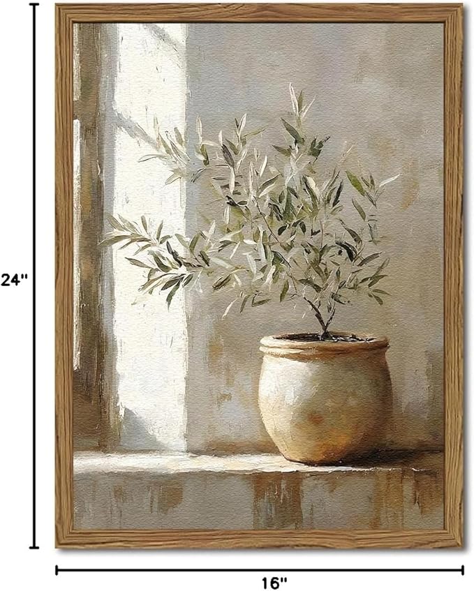 Framed Vintage Olive Tree Wall Art, Textured Sandstone Botanical Pictures Wall Decor, Rustic Neutral Potted Plant Paintings Prints Aesthetic Farmhouse Home Decor for Living Room Bedroom 16x24 inch