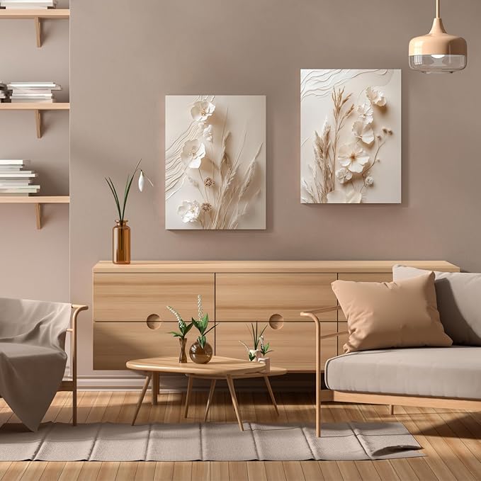 GELDSTEI Neutral Beige Floral Canvas Wall Art, Modern Minimalist Texture Botanical Wall Decor, Vintage Beige Flower Poster Prints for Living Room Bedroom Farmhouse Framed Set of 3, Each 16x24 Inch