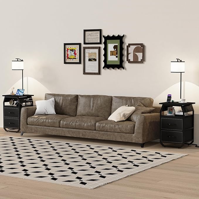 runjuly Floor Lamp with Table, End Tables with Lamps Attached 3-Color Temperature Bulb, Side Table with Lamp with 2 Drawers & Charging, Lamps Tables Combo for Bedroom, Dorm, Apartment - Black