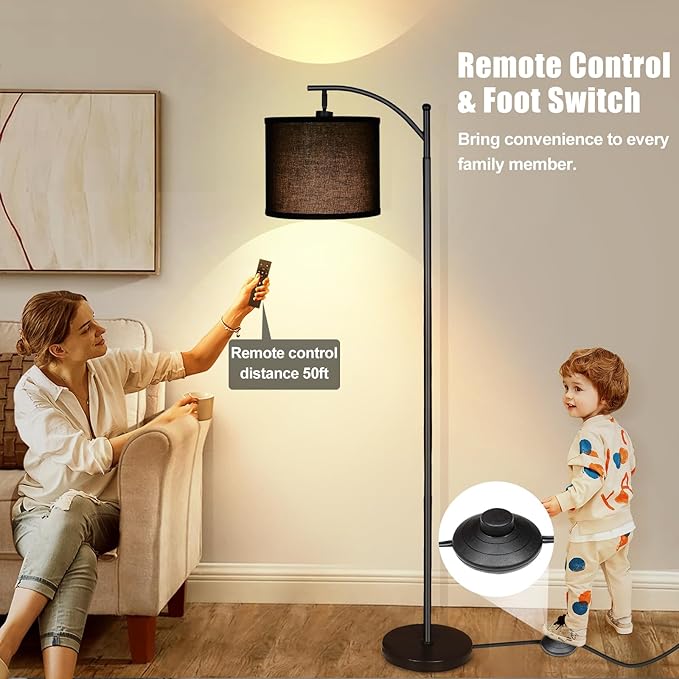 mukuxin LED Floor Lamps for Living Room, 12W 1200LM Modern Arc Floor Lamp with Remote & Adjustable Linen Lampshade, 12 Color Temperature Stepless Dimmable Tall Standing Lamp (Black)