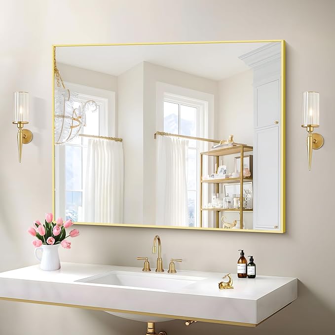 COFENY Gold Bathroom Mirror for Wall, 30x36 Inch Rectangle with Metal Frame, Modern Vanity for Bathroom Living Room, Entryway Hangs Horizontal or Vertical