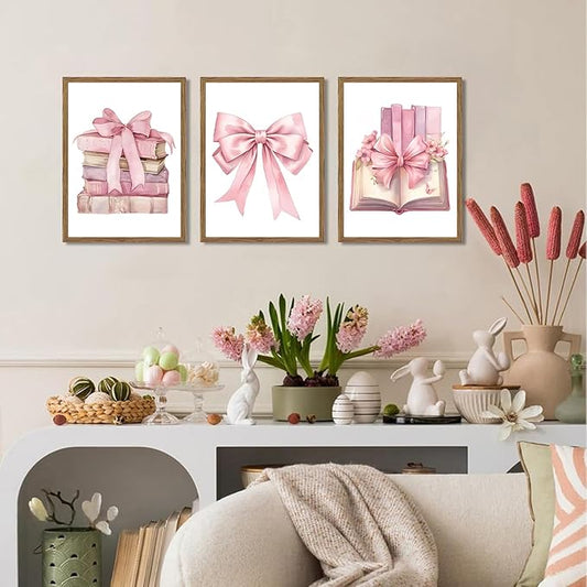 JBZDD Bow decor Art Set of 3,Book Lovers Gifts Preppy Decor Trendy Pink book Posters Pictures Prints Aesthetic for Girls Room College Apartment Living Room Bedroom Framed 12x16 In Framed