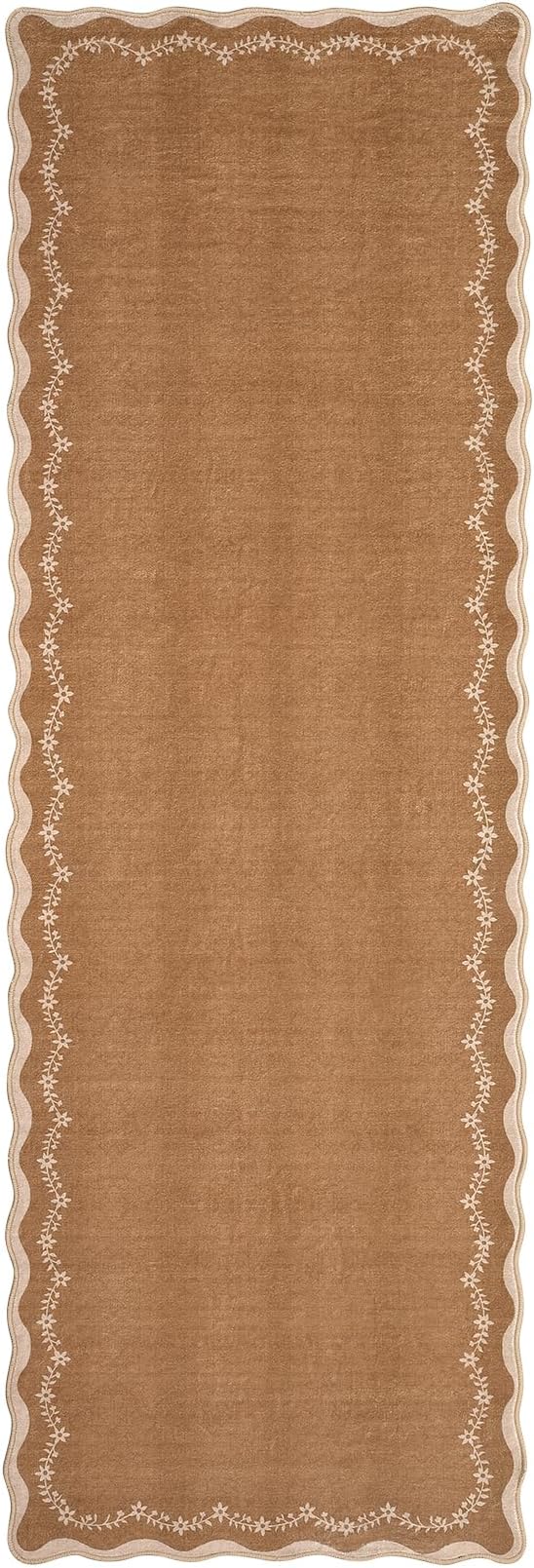 GarveeHome 2x6 Scalloped Washable Runner Rug for Kitchen, Soft Brown Hallway Runner Non Slip Entryway Rug Farmhouse Thin Laundry Mat Stain Resistant Carpet for Bedroom Bathroom Beside Rug