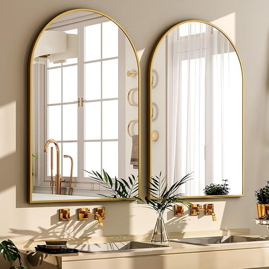 GLSLAND 20x30 inch Arch Bathroom Mirror - Arched Bathroom Mirror/Wall Mounted Vanity Mirror - Arch Metal Frame Wall Mirror for Bathroom Bedroom Living Room, Gold