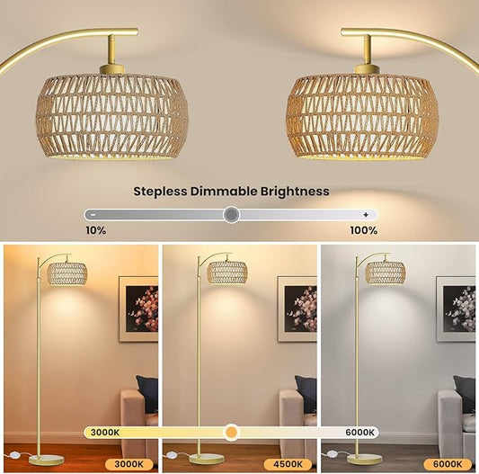 Yusist Arc Floor Lamp for Living Room,Farmhouse Floor Lamps with Remote Control & Dimmable Bulb,Gold Boho Rattan Tall Standing Lamp for Bedroom Office