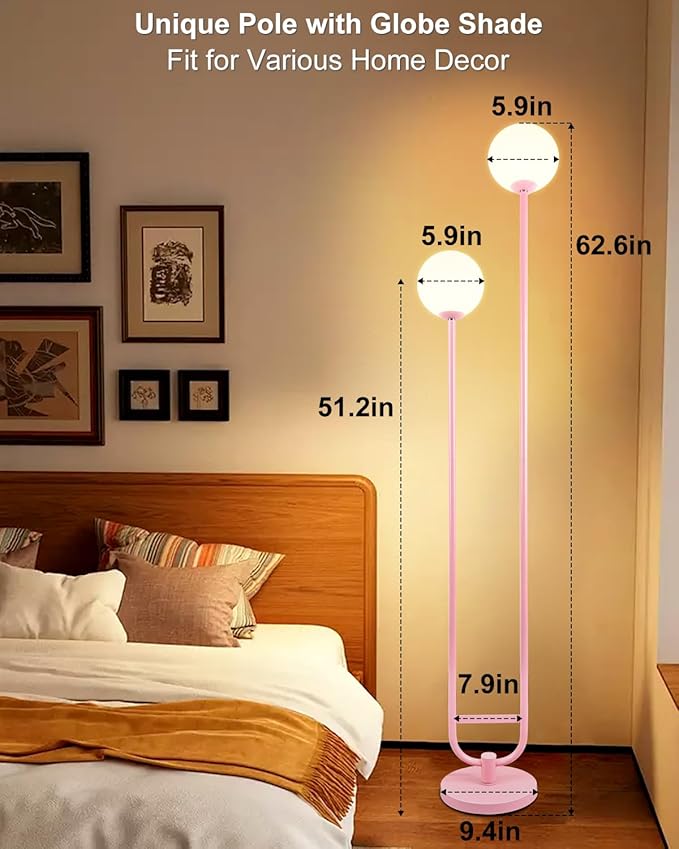 Lightdot 63IN Pink Floor Lamp Modern Mid Century Globe Standing Lamps with 3000K LED Bulbs Included Candle Holder Style Vintage Tall Lamp for Living Room/Wedding/Sofa Beside/Corner Decor