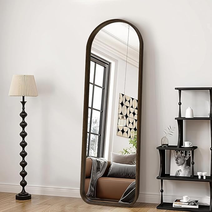 Niccy 66"×21" Wood Frame Arched Full Length Mirror, Free Standing & Wall-Mounted Mirrors, Large Body Hanging Mirror for Living Room, Explosion-Proof Decorative Vanity Mirrors for Bedroom, Black Walnut