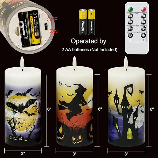 Halloween Flameless LED Candles Battery Operated with Remote and Timer, Real Wax Flickering Pillar Candles 3D Wick Dimmable Light Castle Witch Bats Halloween Decor(3 Pack, 3 x 6 Inches)