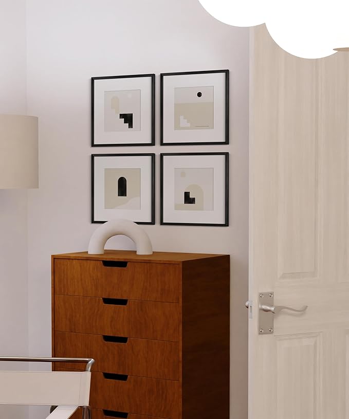 HAUS AND HUES 12x12 Black Metal Picture Frames Matted to 8x8 - Features Premium Aluminum & Hanging Hardware, Shatterproof Plexiglass - Ideal for Home, Room, Office (12x12 in, Black, Set of 4)