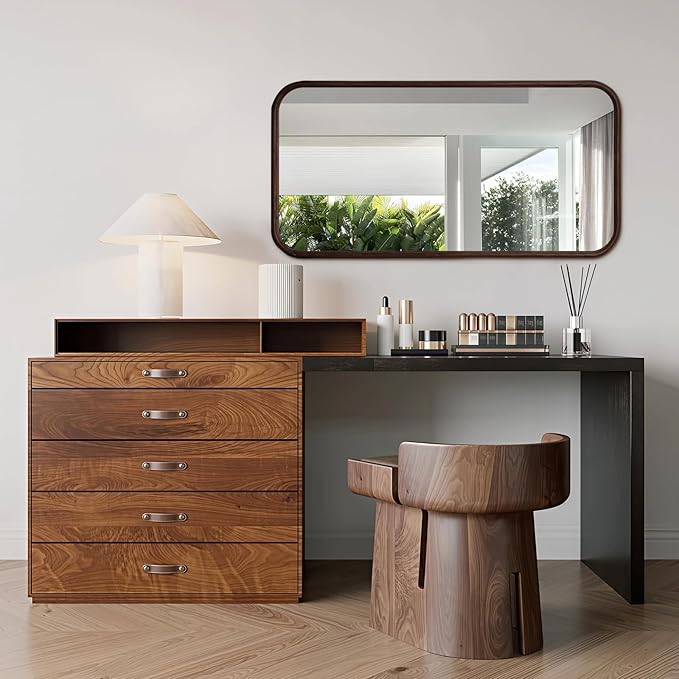 Niccy 47"×24" Wood Frame Rect Full Length Mirror, HD Long Wall-Mounted Mirrors, Large Body Hanging Mirrors for Living Room, Explosion-Proof Decorative Vanity Mirrors for Entryway, Bedroom, Red Walnut