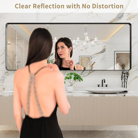 LOAAO 84x32 Inch Black Metal Framed Bathroom Mirror for Wall, Matte Black Bathroom Vanity Mirror Farmhouse, Large Rounded Rectangle Mirror, Anti-Rust, Tempered Glass, Hangs Horizontally or Vertically