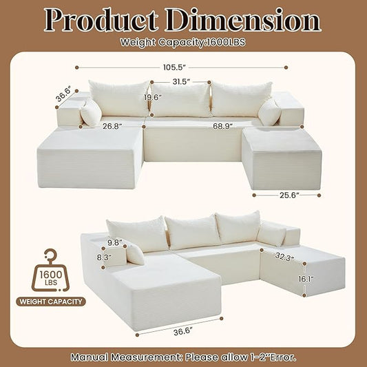106" Cloud Sectional Boneless Couches for Living Room, Modular U Shaped Couch with Deep Seat, Removable Ottoman, Memory Foam Compressed Spineless 4 Seater Sofa for Bedroom Apartment, Beige