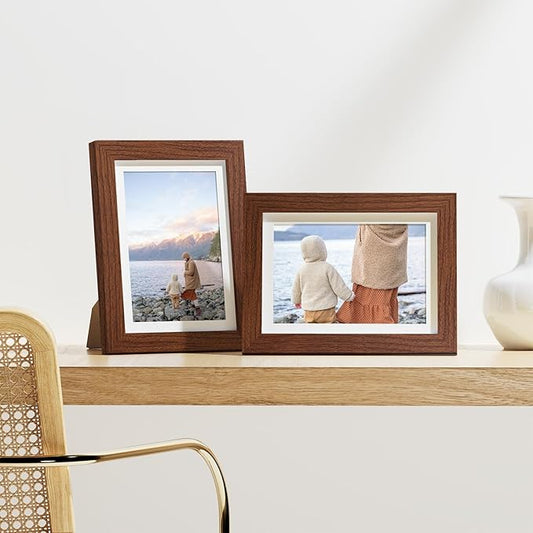 Vittanly 5x7 Picture Frames Set of 9, Display 4x6 Pictures with Mat or 5x7 without Mat, Photo Frames for Wall or Tabletop with Plexiglass, Engineered Wood, Wood Grain Brown