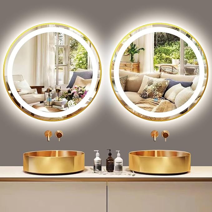 Gold Round Vanity Mirror with Lights 3 Color Dimmable Frontlight 16 Inch Gold Frame Round Lighted Mirror for Bathroom Makeup Wall LED Circle Round Smart Light up Mirror with Lights Anti-Fog