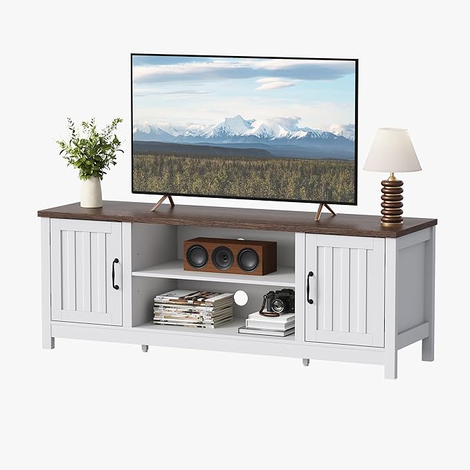 ChooChoo 54" Farmhouse TV Stand for TVs up to 65 inches, Entertainment Center with Storage Cabinets, Open Shelves and Fluted Door, TV Console Table for Living Room, Bedroom, White